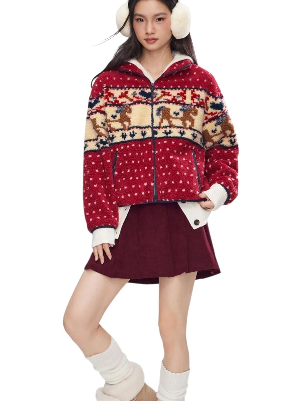 Cider Fleece Graphic Jacket Red Polka Dot Horse Oversized Cottagecore XL NWT